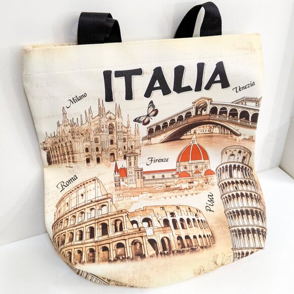 DUELLE ITALIA Italy Souvenir Market Tote Piza Roma Milano Cream Zipper Top NWT - Picture 1 of 2